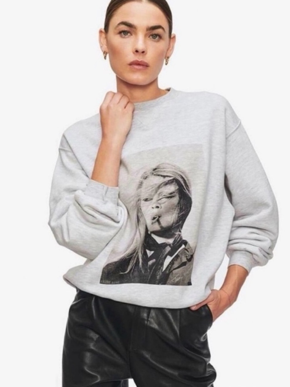 Anine Bing Heather Gray Crewneck Sweatshirt with Black Photo Graphic